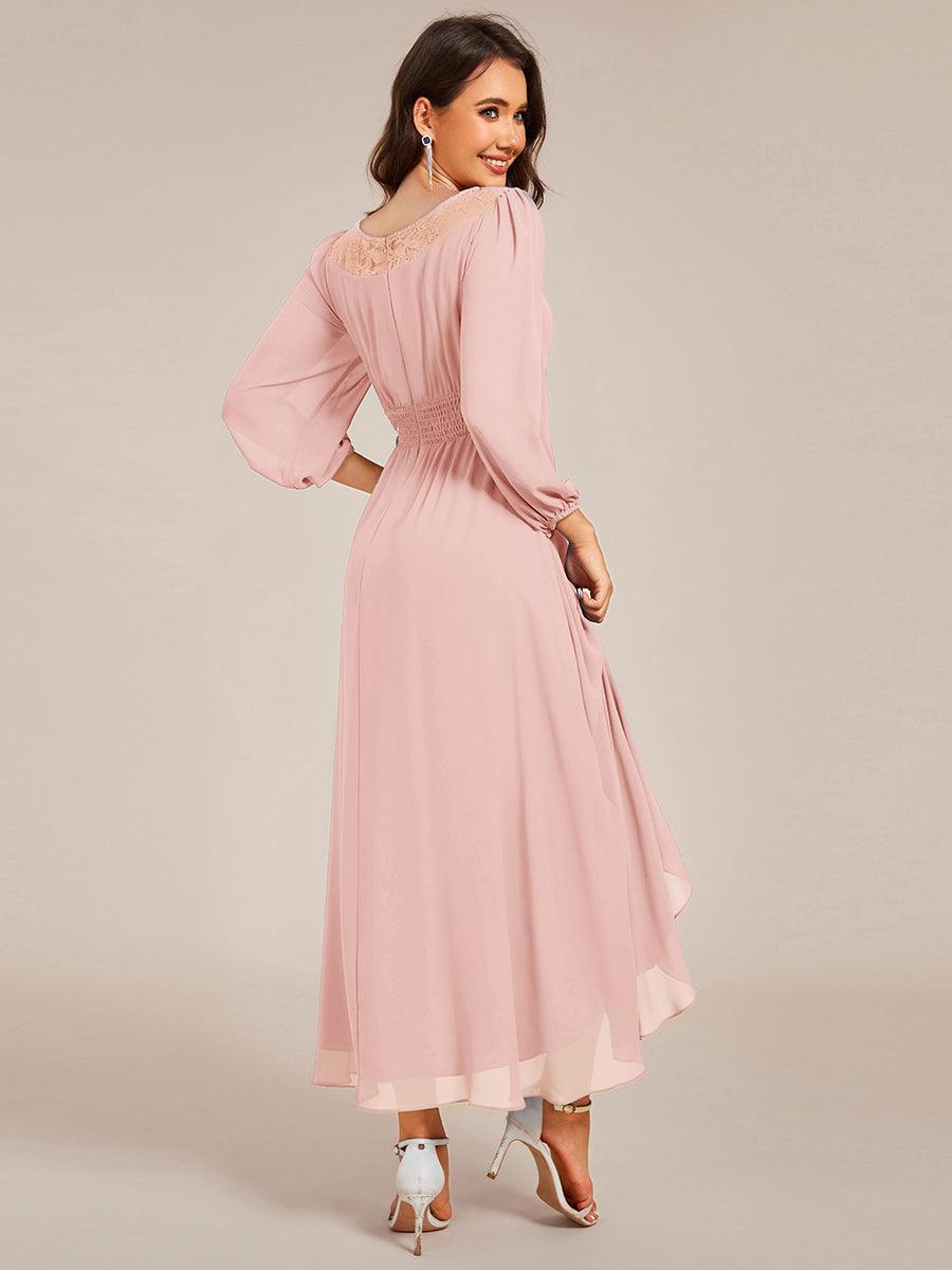 Long Sleeve Waist Chain Round Neckline Midi Chiffon Wedding Guest Dress #color_Pink