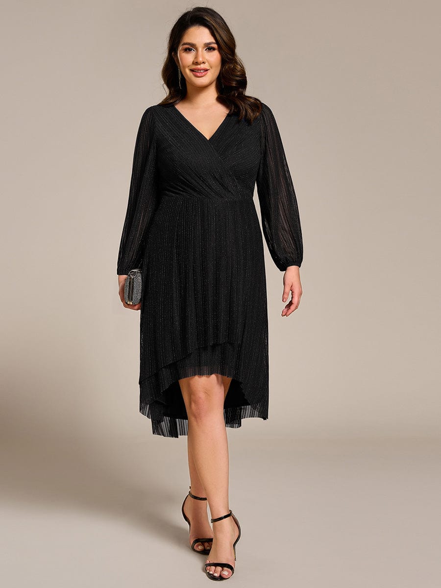 Glitter Long Sleeve V-Neck A-Line Midi Wedding Guest Dress #color_Black