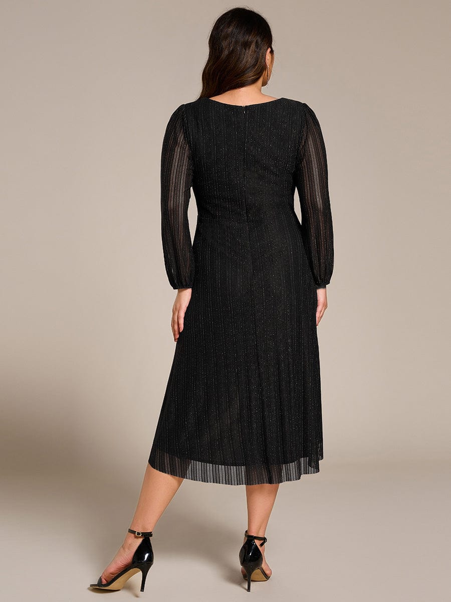 Glitter Long Sleeve V-Neck A-Line Midi Wedding Guest Dress #color_Black