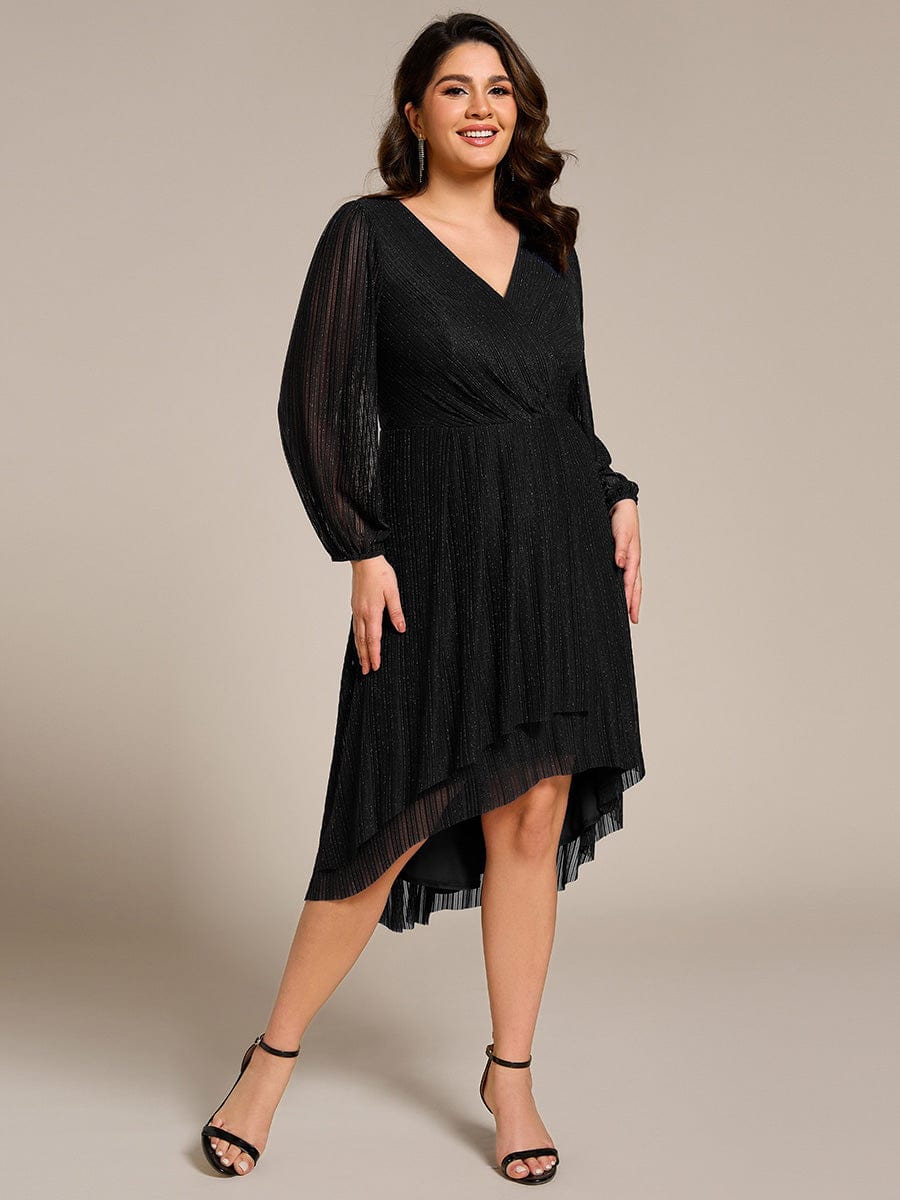 Plus Size Pleated Long Sleeve V-Neck Midi Glitter Wedding Guest Dress #color_Black