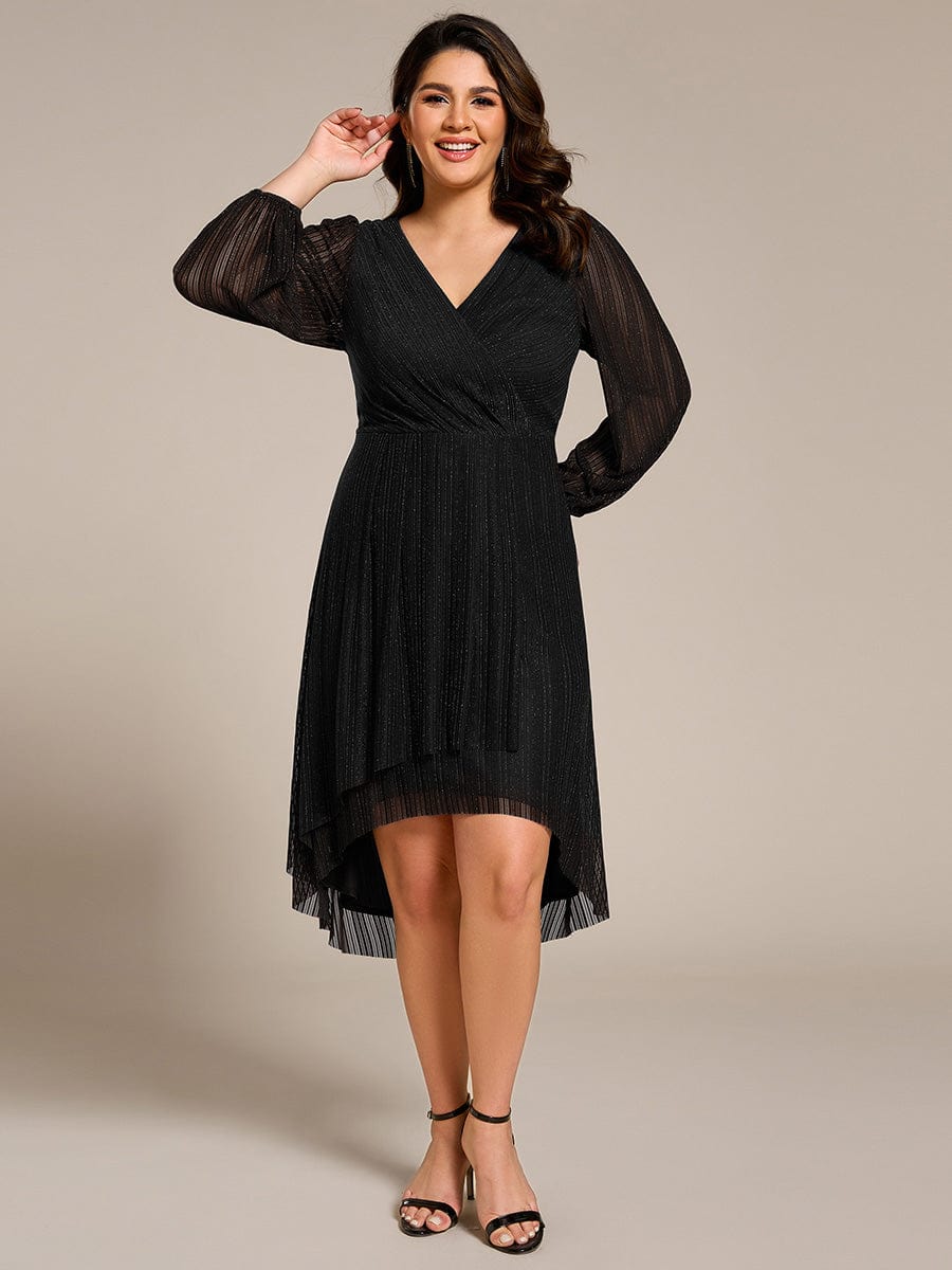 Glitter Long Sleeve V-Neck A-Line Midi Wedding Guest Dress #color_Black