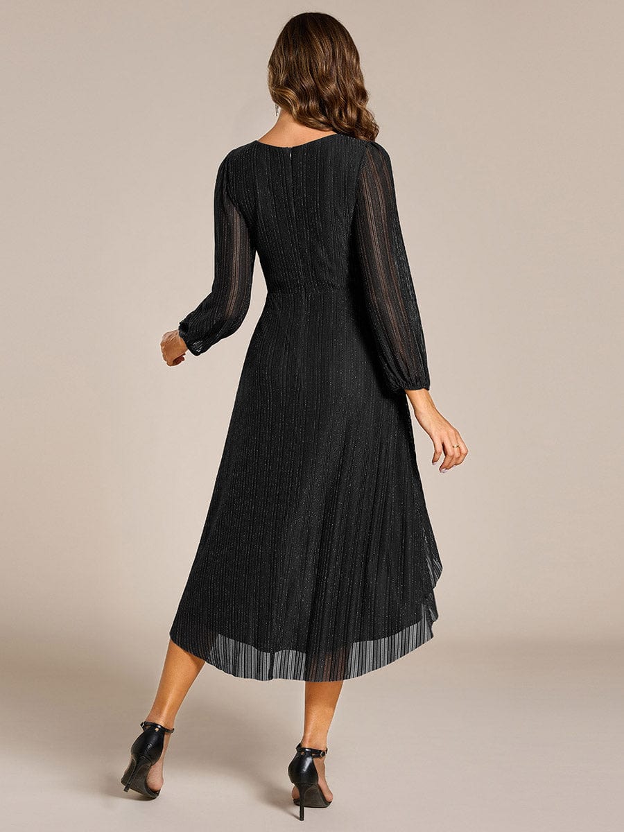 Glitter Long Sleeve V-Neck A-Line Midi Wedding Guest Dress #color_Black