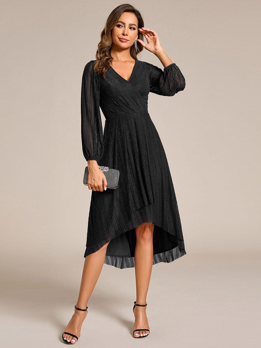 Glitter Long Sleeve V-Neck A-Line Midi Wedding Guest Dress #color_Black