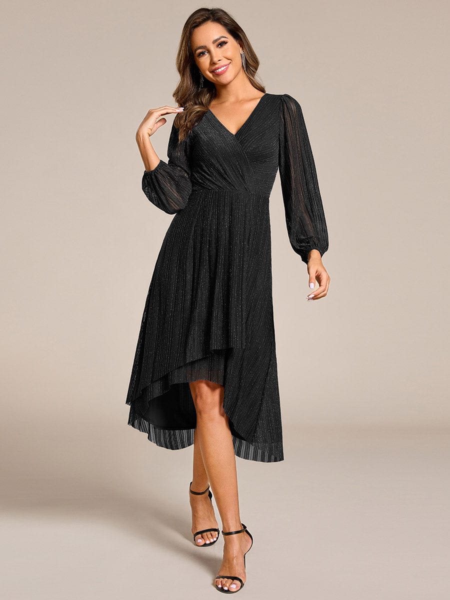 Glitter Long Sleeve V-Neck A-Line Midi Wedding Guest Dress #color_Black