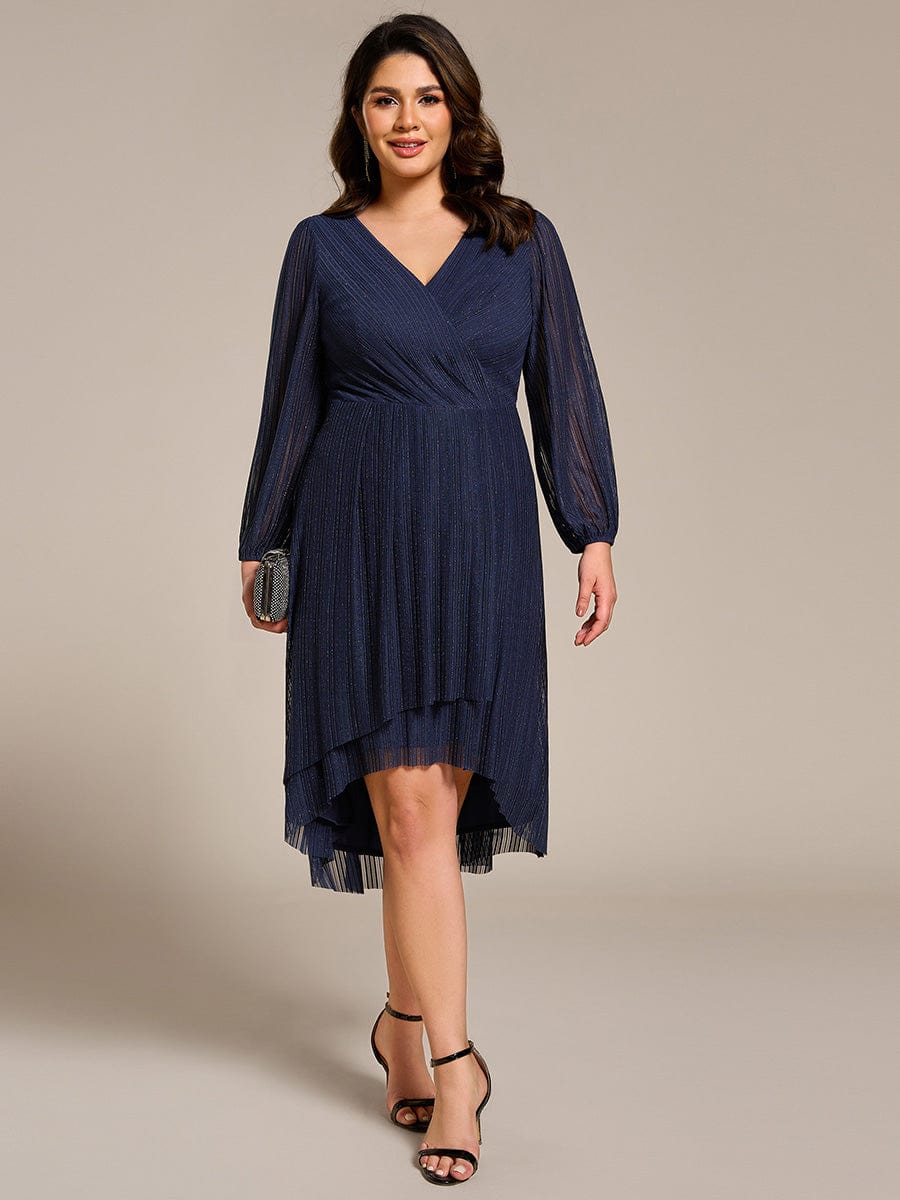 Glitter Long Sleeve V-Neck A-Line Midi Wedding Guest Dress #color_Navy Blue