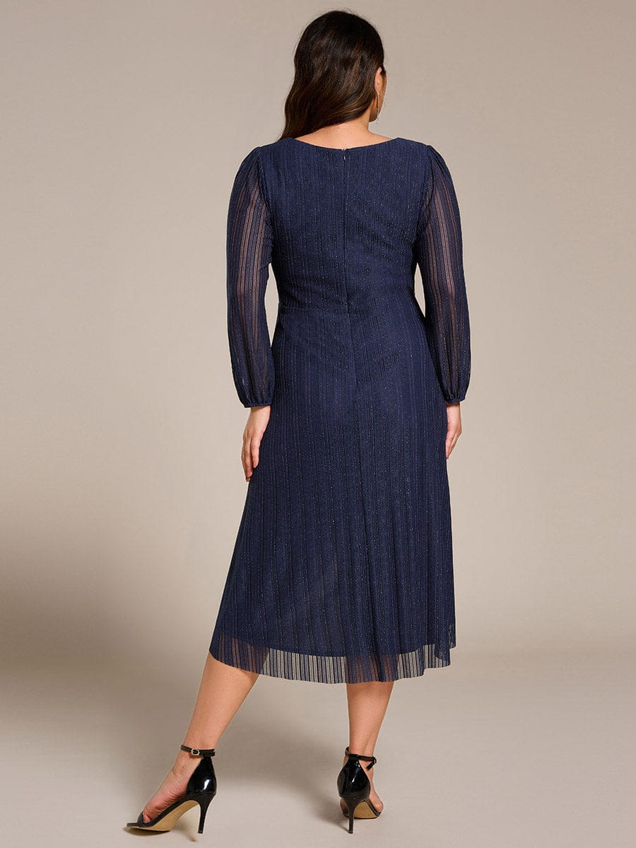 Plus Size Pleated Long Sleeve V-Neck Midi Glitter Wedding Guest Dress #color_Navy Blue