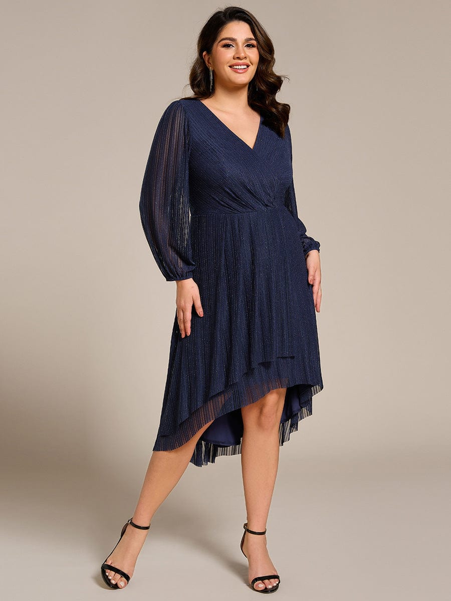 Glitter Long Sleeve V-Neck A-Line Midi Wedding Guest Dress #color_Navy Blue