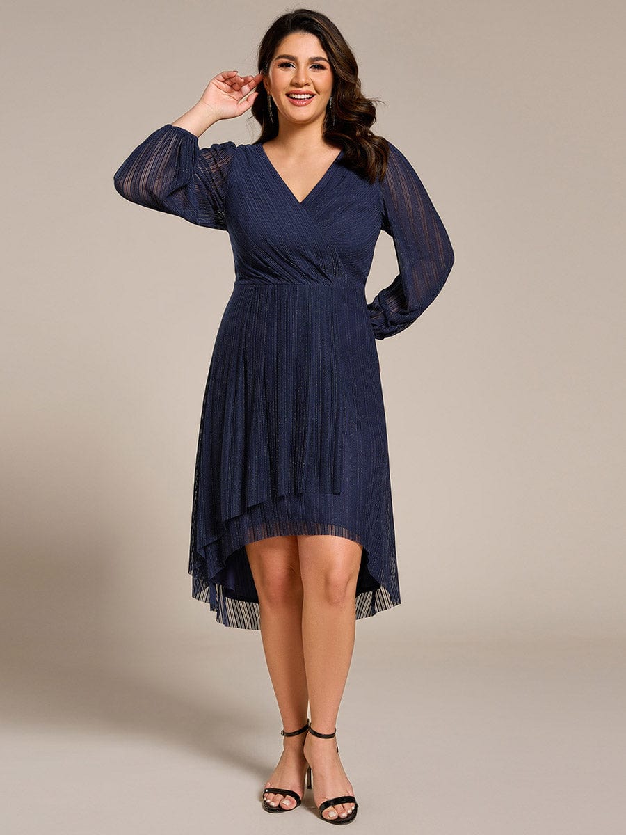 Glitter Long Sleeve V-Neck A-Line Midi Wedding Guest Dress #color_Navy Blue