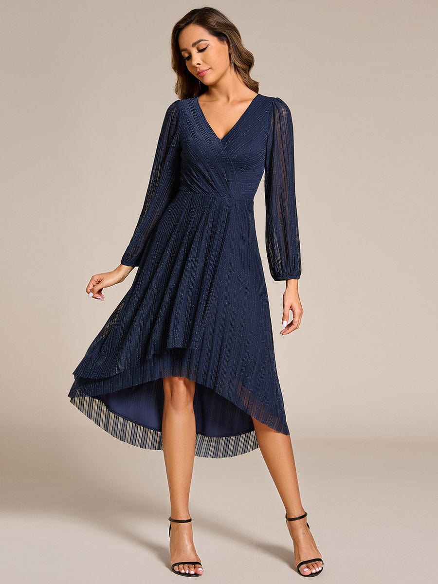 Glitter Long Sleeve V-Neck A-Line Midi Wedding Guest Dress #color_Navy Blue