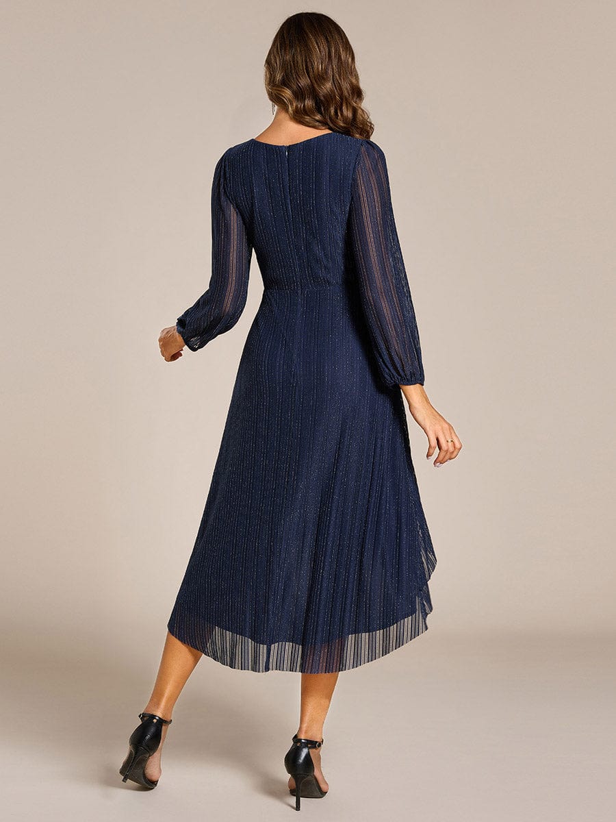 Glitter Long Sleeve V-Neck A-Line Midi Wedding Guest Dress #color_Navy Blue