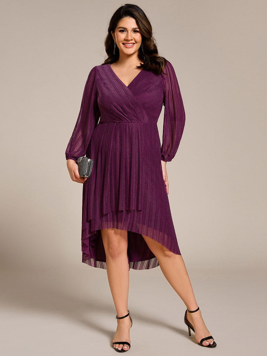 Glitter Long Sleeve V-Neck A-Line Midi Wedding Guest Dress #color_Purple Wisteria