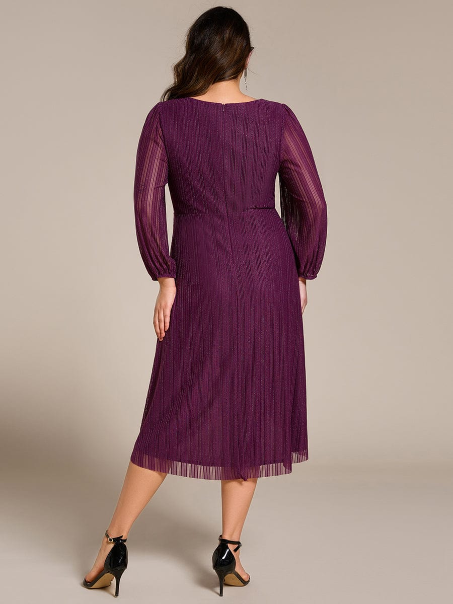 Glitter Long Sleeve V-Neck A-Line Midi Wedding Guest Dress #color_Purple Wisteria