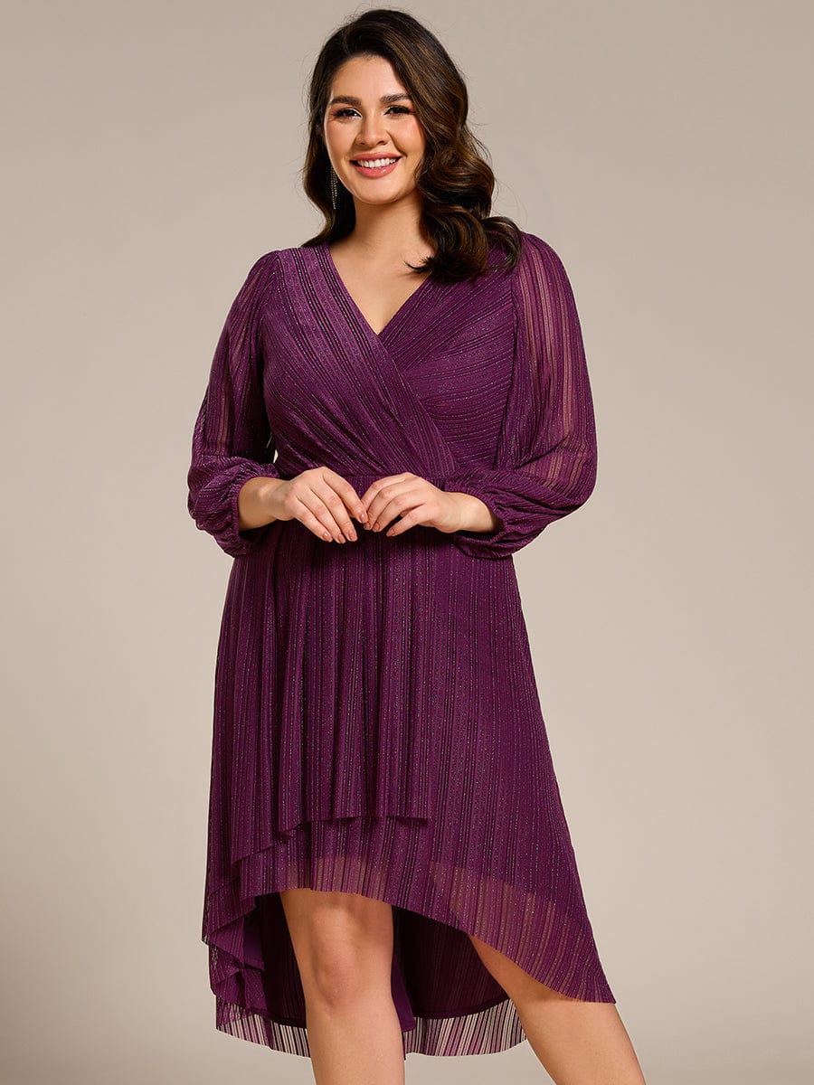 Glitter Long Sleeve V-Neck A-Line Midi Wedding Guest Dress #color_Purple Wisteria