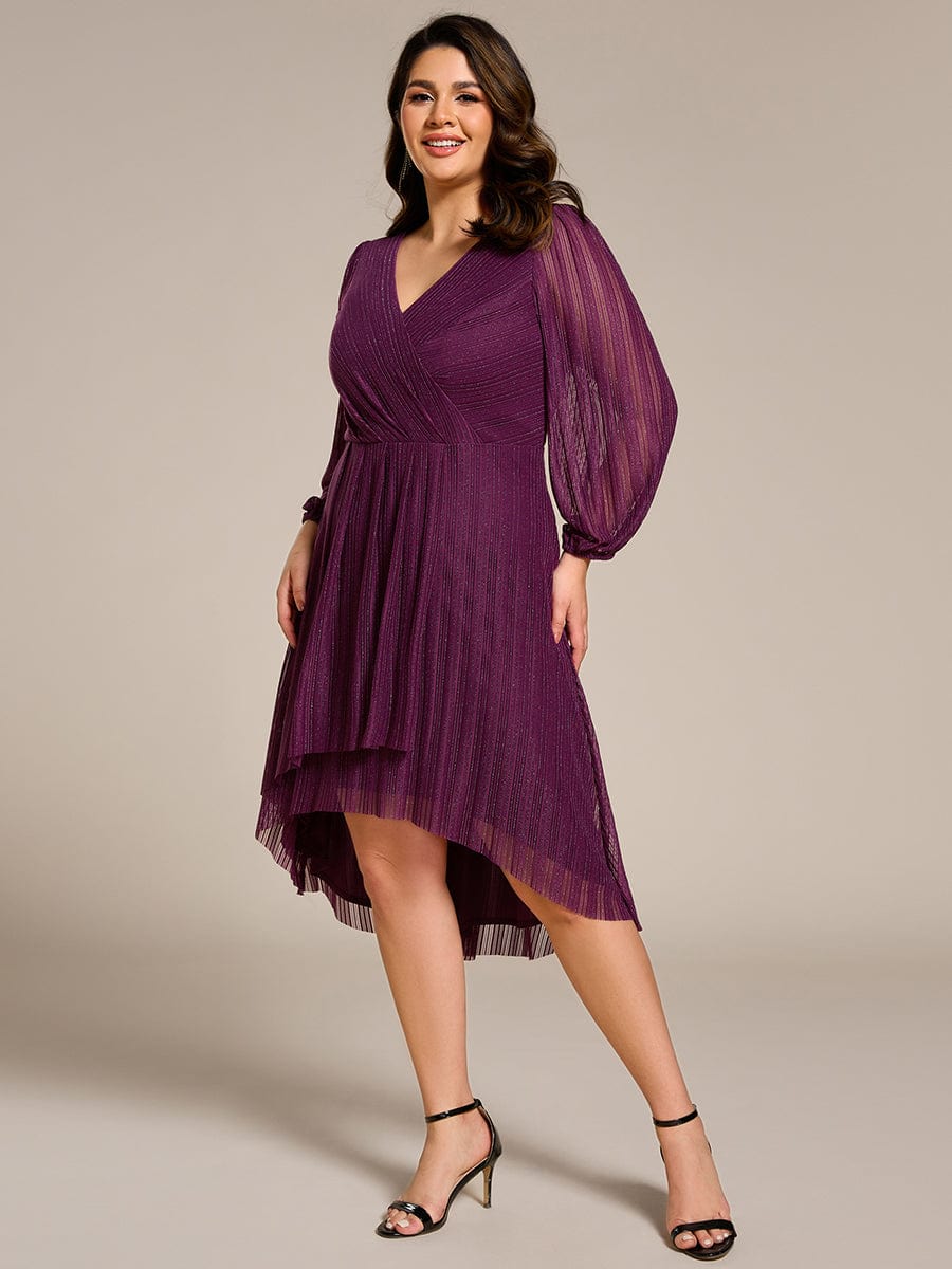 Glitter Long Sleeve V-Neck A-Line Midi Wedding Guest Dress #color_Purple Wisteria