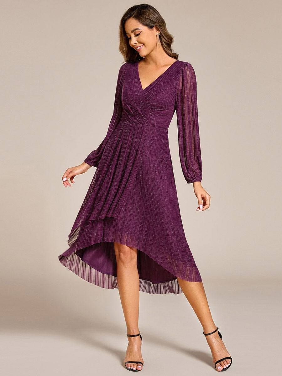 Glitter Long Sleeve V-Neck A-Line Midi Wedding Guest Dress #color_Purple Wisteria