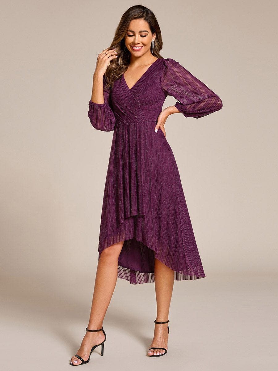 Glitter Long Sleeve V-Neck A-Line Midi Wedding Guest Dress #color_Purple Wisteria