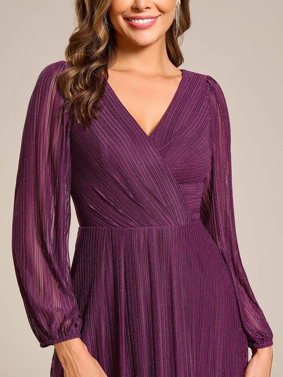 Glitter Long Sleeve V-Neck A-Line Midi Wedding Guest Dress #color_Purple Wisteria