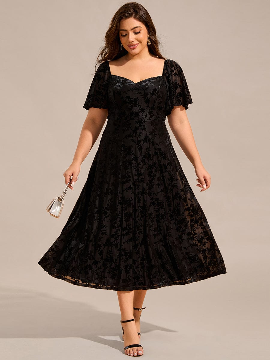 Elegant Stretchy Short Sleeve Tea Length Velvet Wedding Guest Dress #color_Black