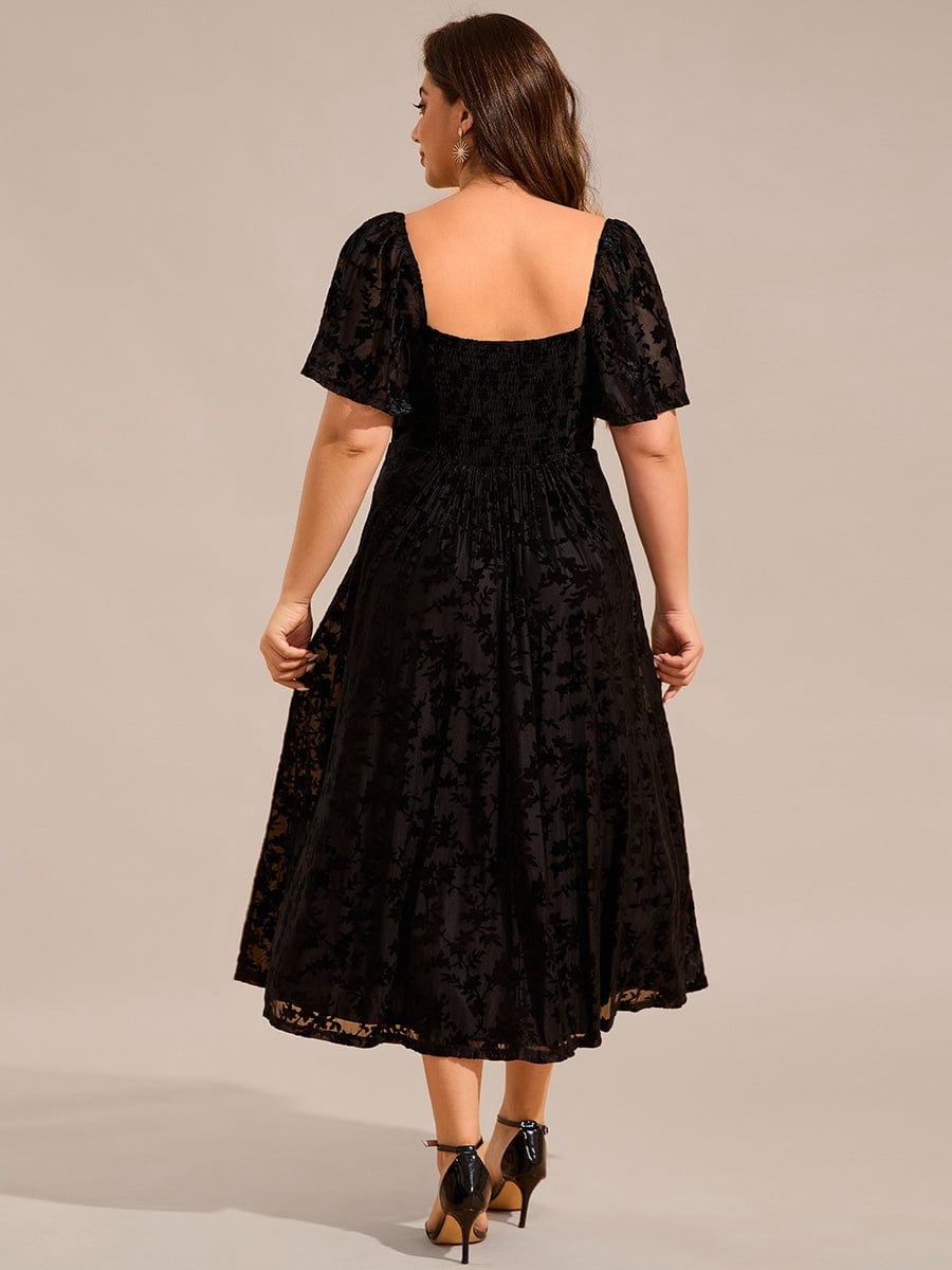 Plus Size Printed Velvet A-Line Short Sleeve Tea Length Wedding Guest Dress #color_Black