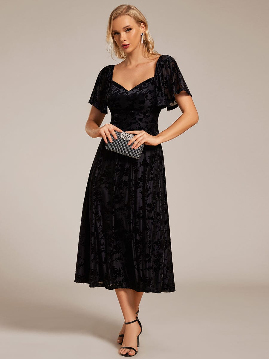 Elegant Stretchy Short Sleeve Tea Length Velvet Wedding Guest Dress #color_Black