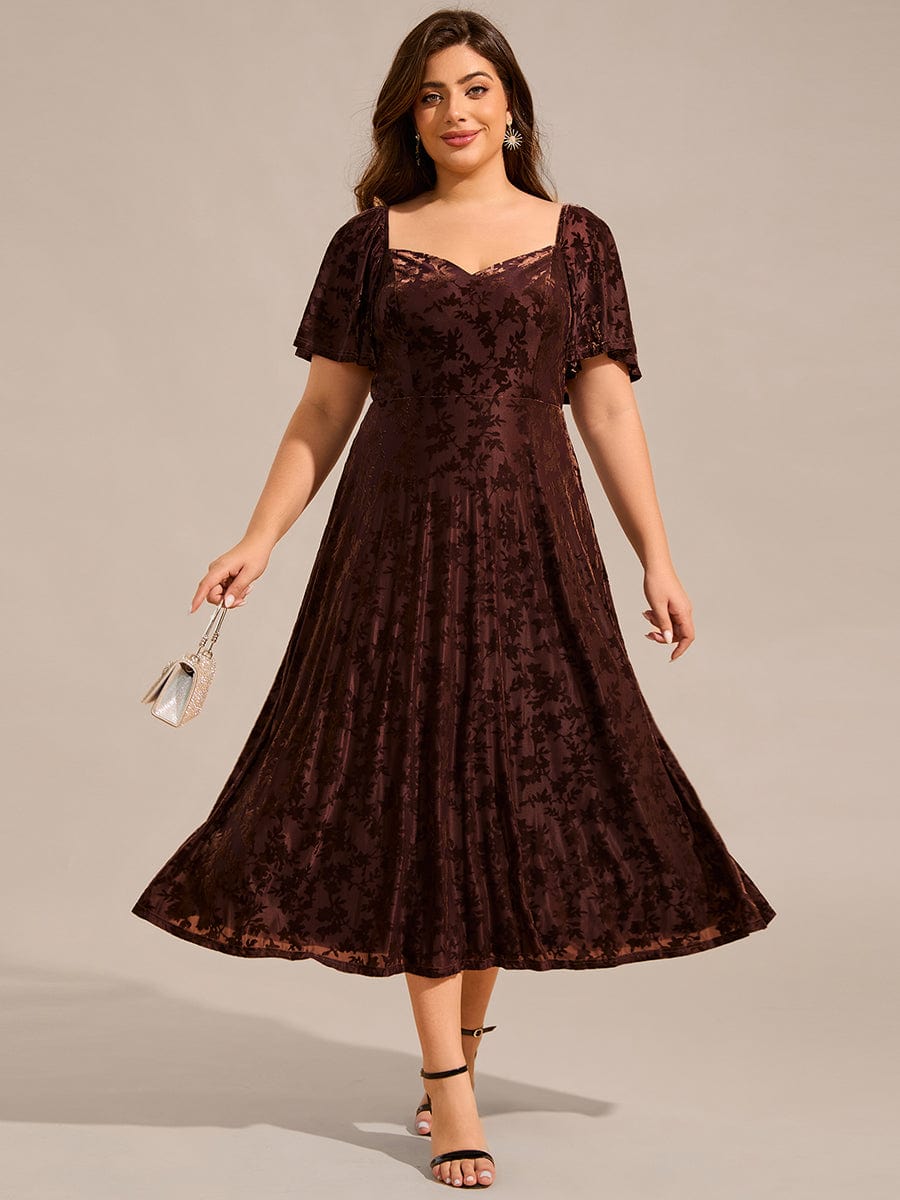 Plus Size Printed Velvet A-Line Short Sleeve Tea Length Wedding Guest Dress #color_Coffee