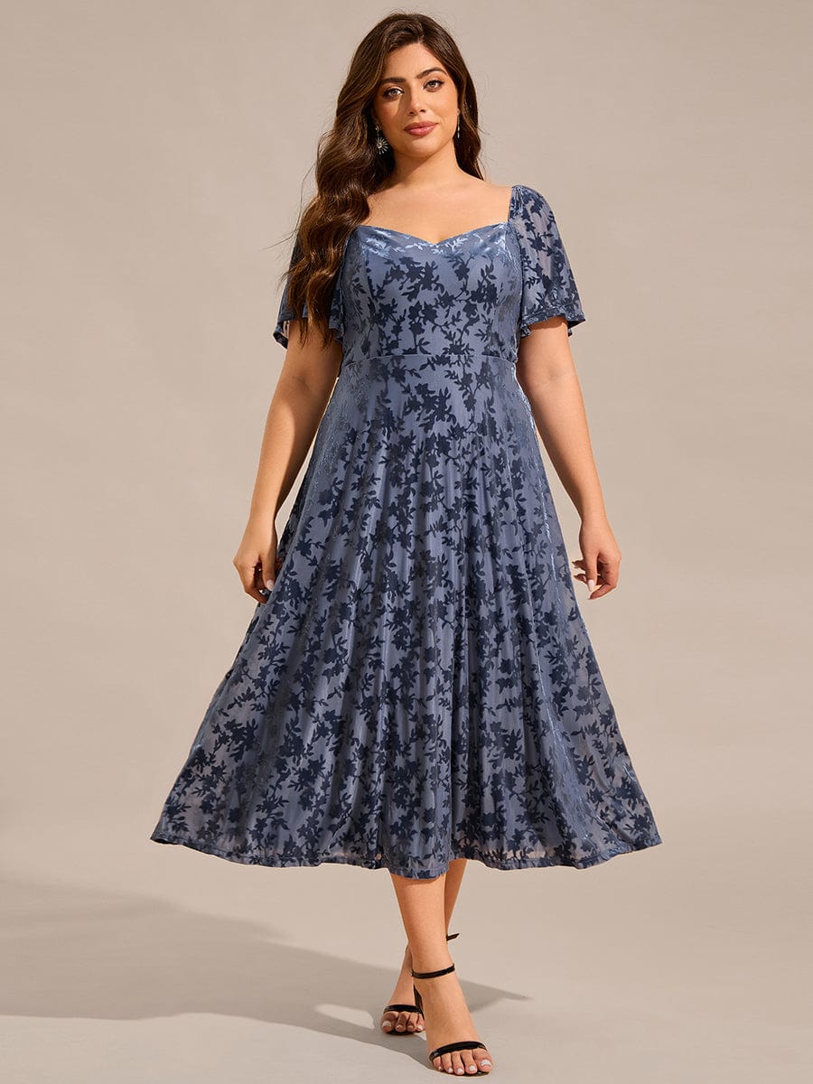 Plus Size Printed Velvet A-Line Short Sleeve Tea Length Wedding Guest Dress #color_Dusty Navy