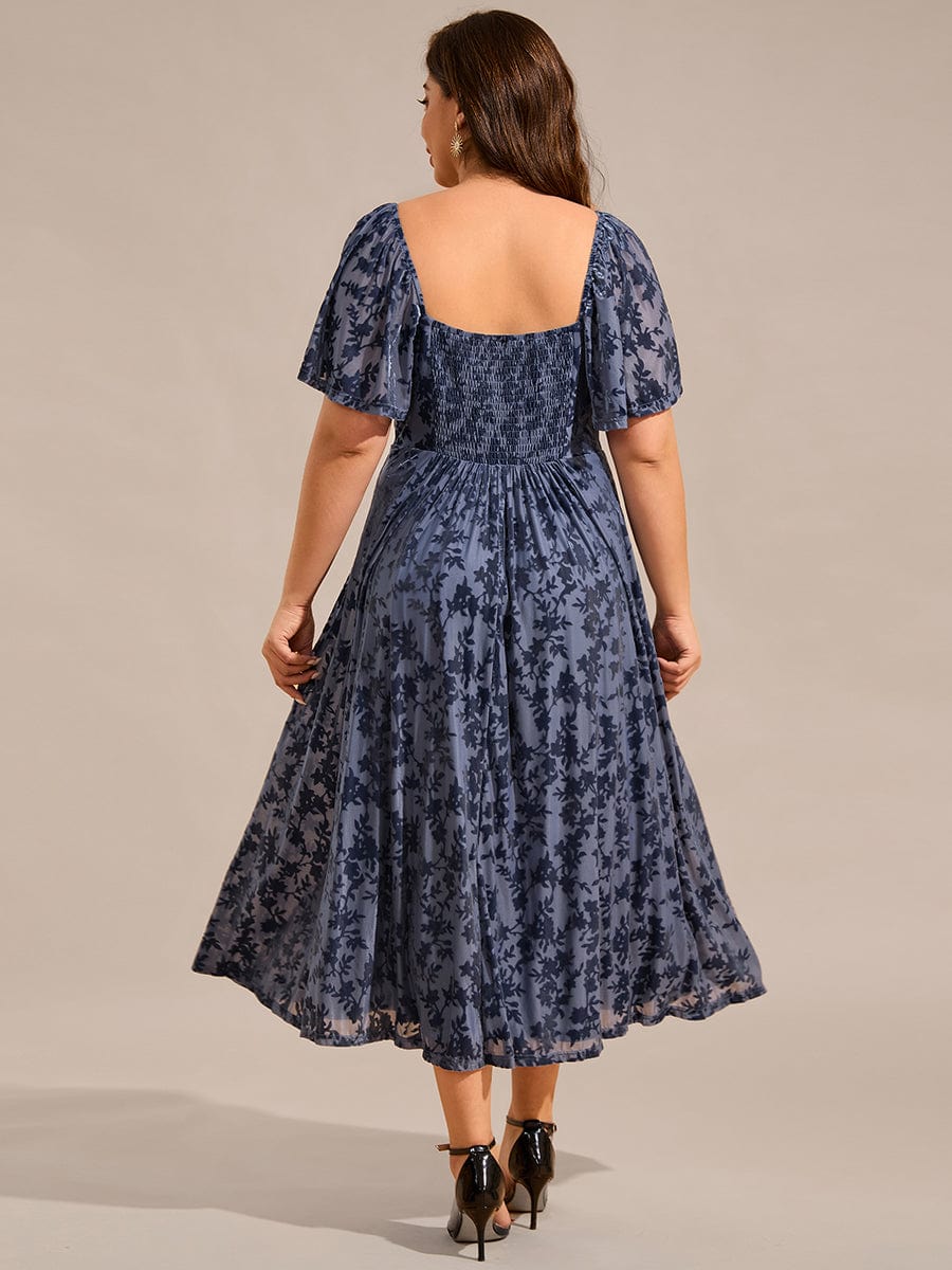 Plus Size Printed Velvet A-Line Short Sleeve Tea Length Wedding Guest Dress #color_Dusty Blue