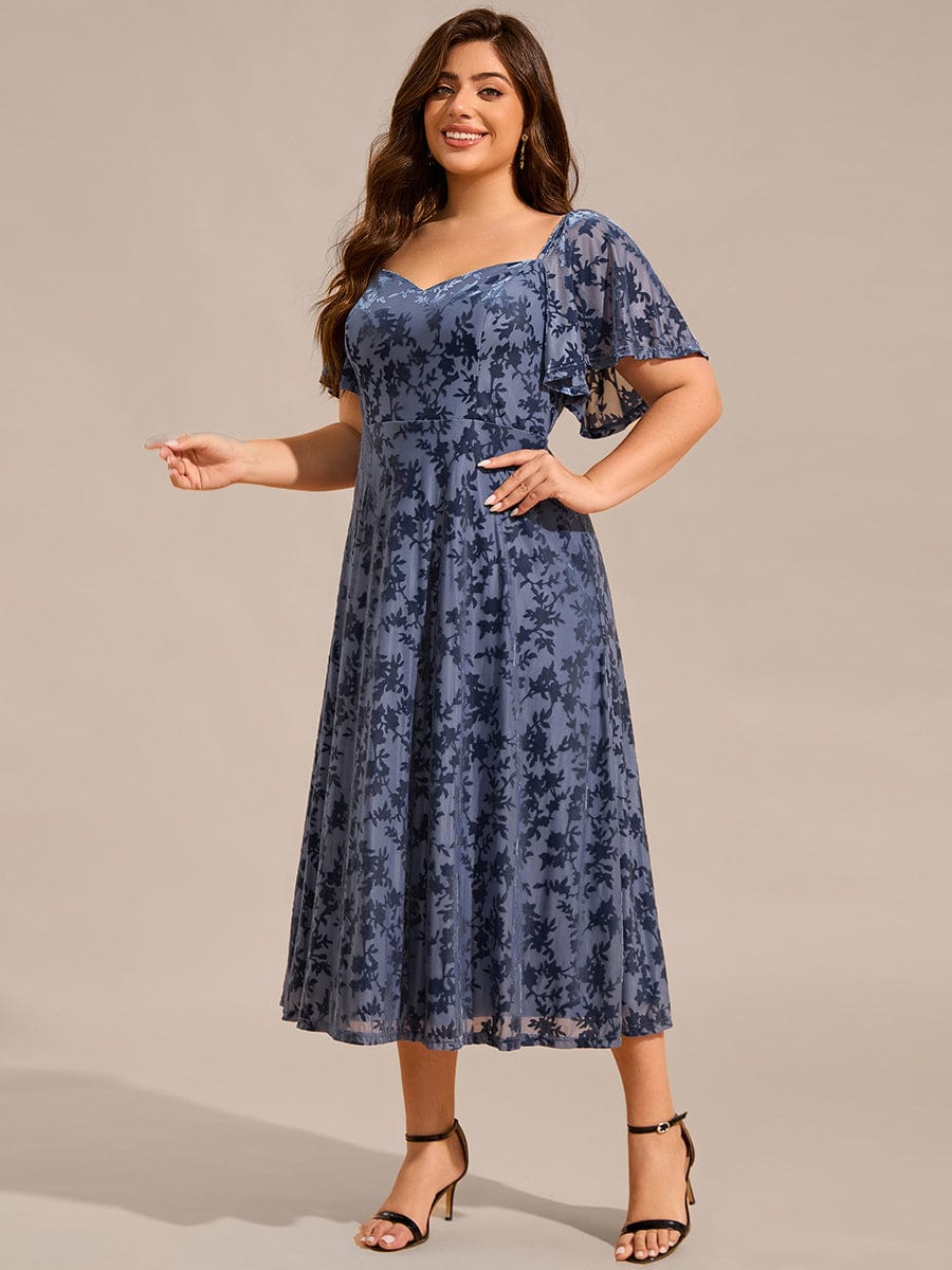 Elegant Stretchy Short Sleeve Tea Length Velvet Wedding Guest Dress #color_Dusty Navy