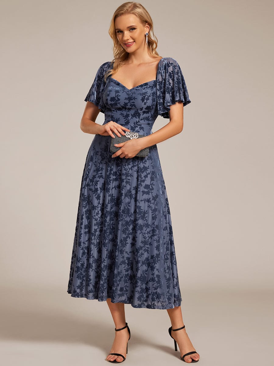 Elegant Stretchy Short Sleeve Tea Length Velvet Wedding Guest Dress #color_Dusty Navy