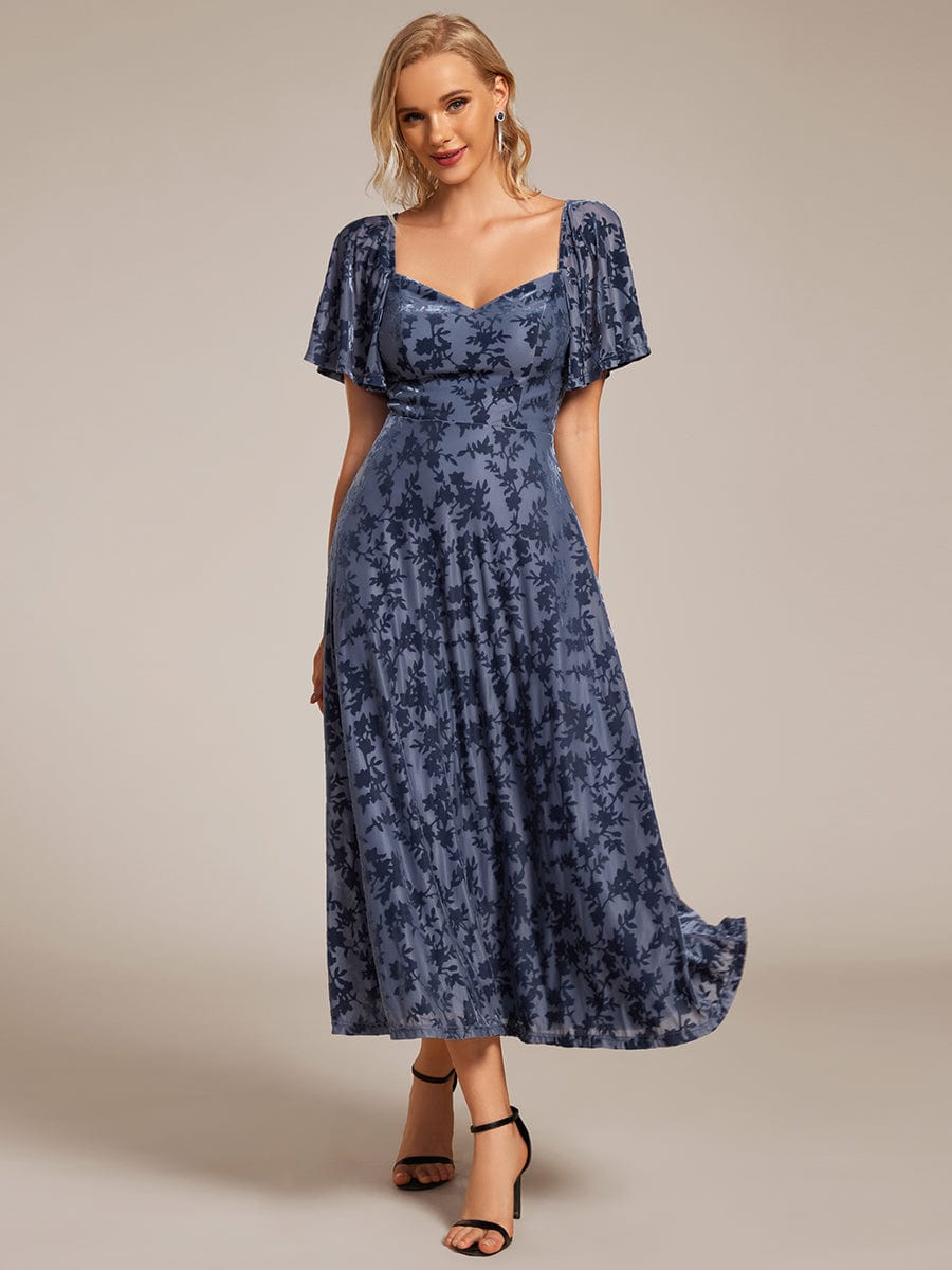 Elegant Stretchy Short Sleeve Tea Length Velvet Wedding Guest Dress #color_Dusty Navy