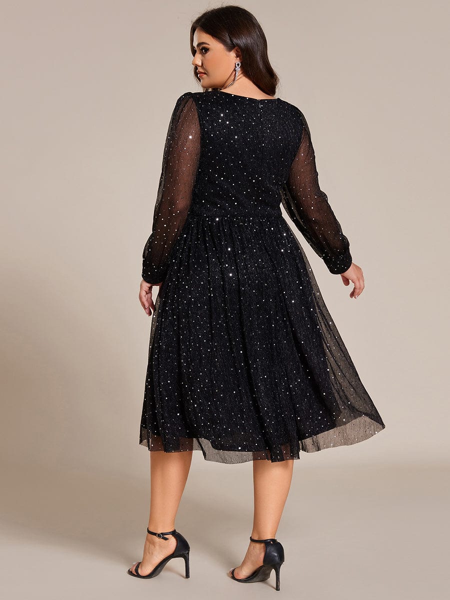 Plus Size Glitter Midi Wedding Guest Dress with Long Sleeves #color_Black