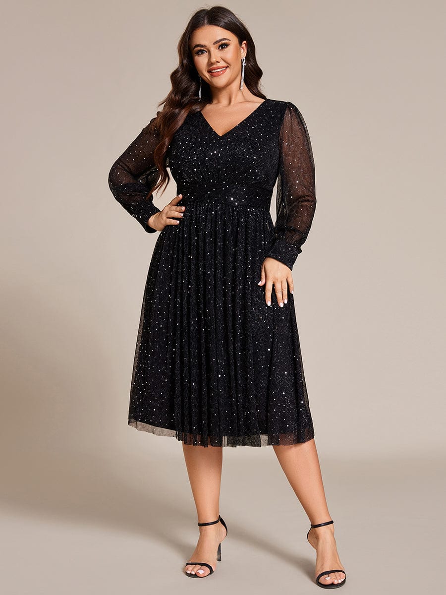 Plus Size Glitter Midi Wedding Guest Dress with Long Sleeves #color_Black