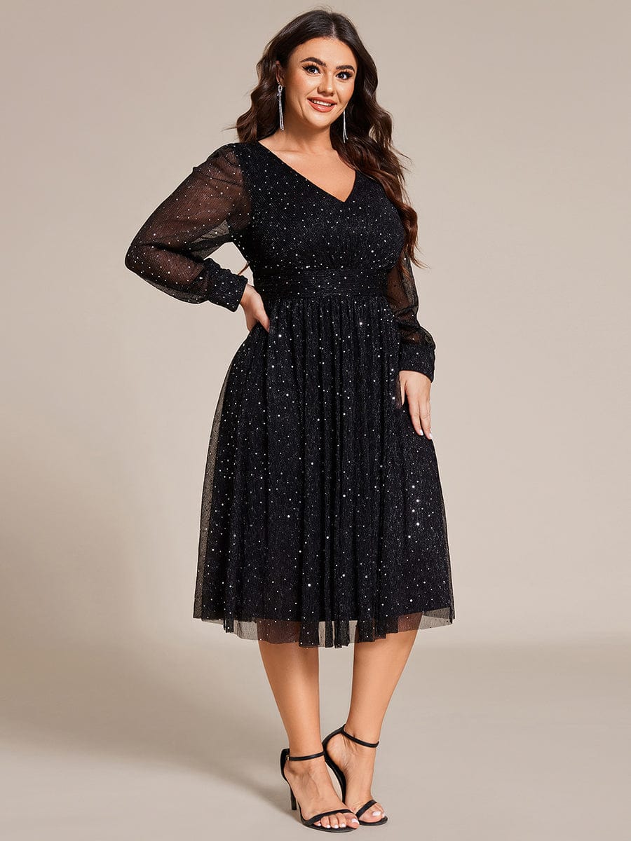 Plus Size Glitter Midi Wedding Guest Dress with Long Sleeves #color_Black