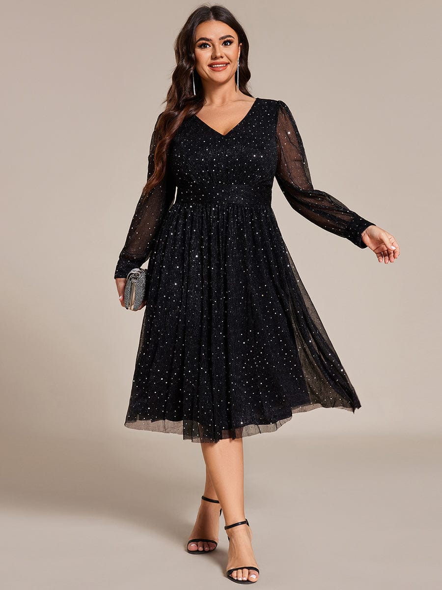 Plus Size Glitter Midi Wedding Guest Dress with Long Sleeves #color_Black