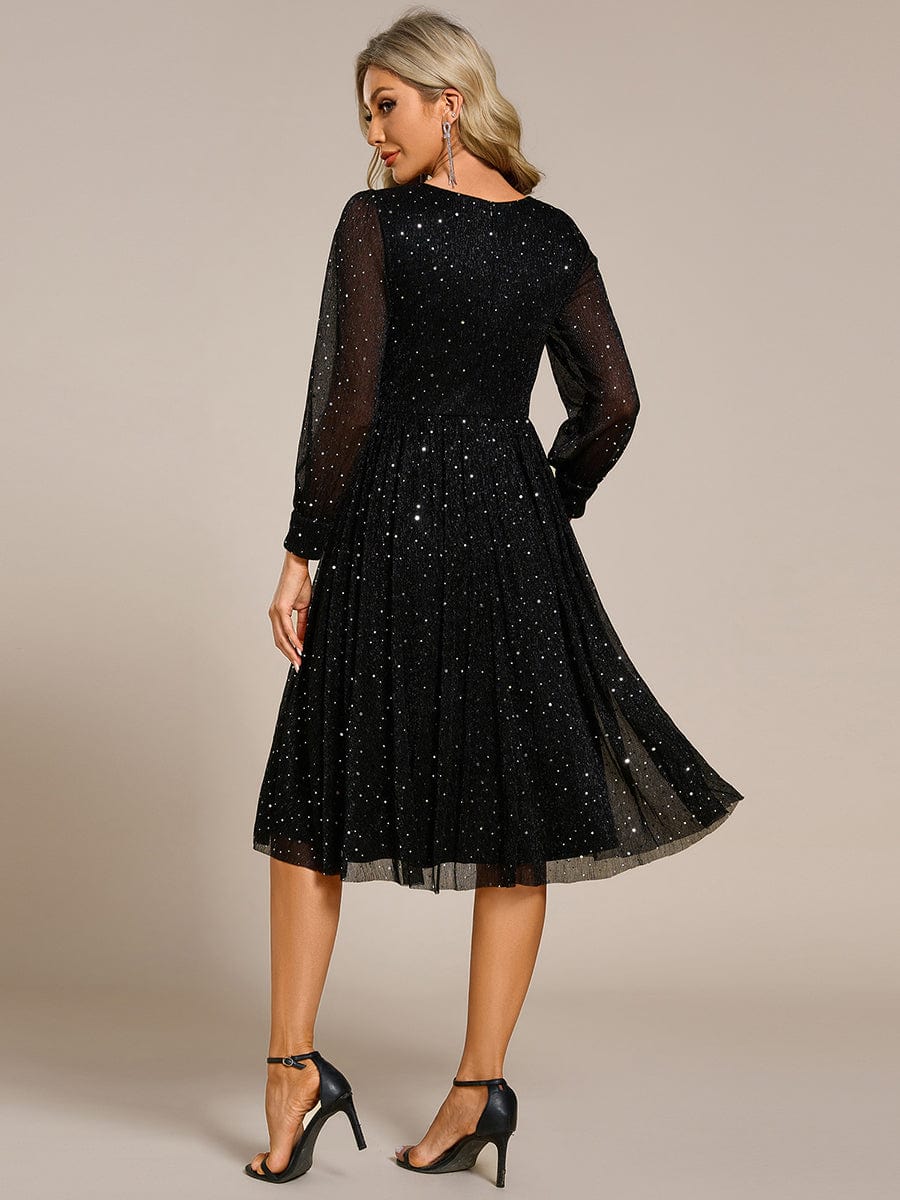 Glitter Midi Wedding Guest Dress with Long Sleeves #color_Black