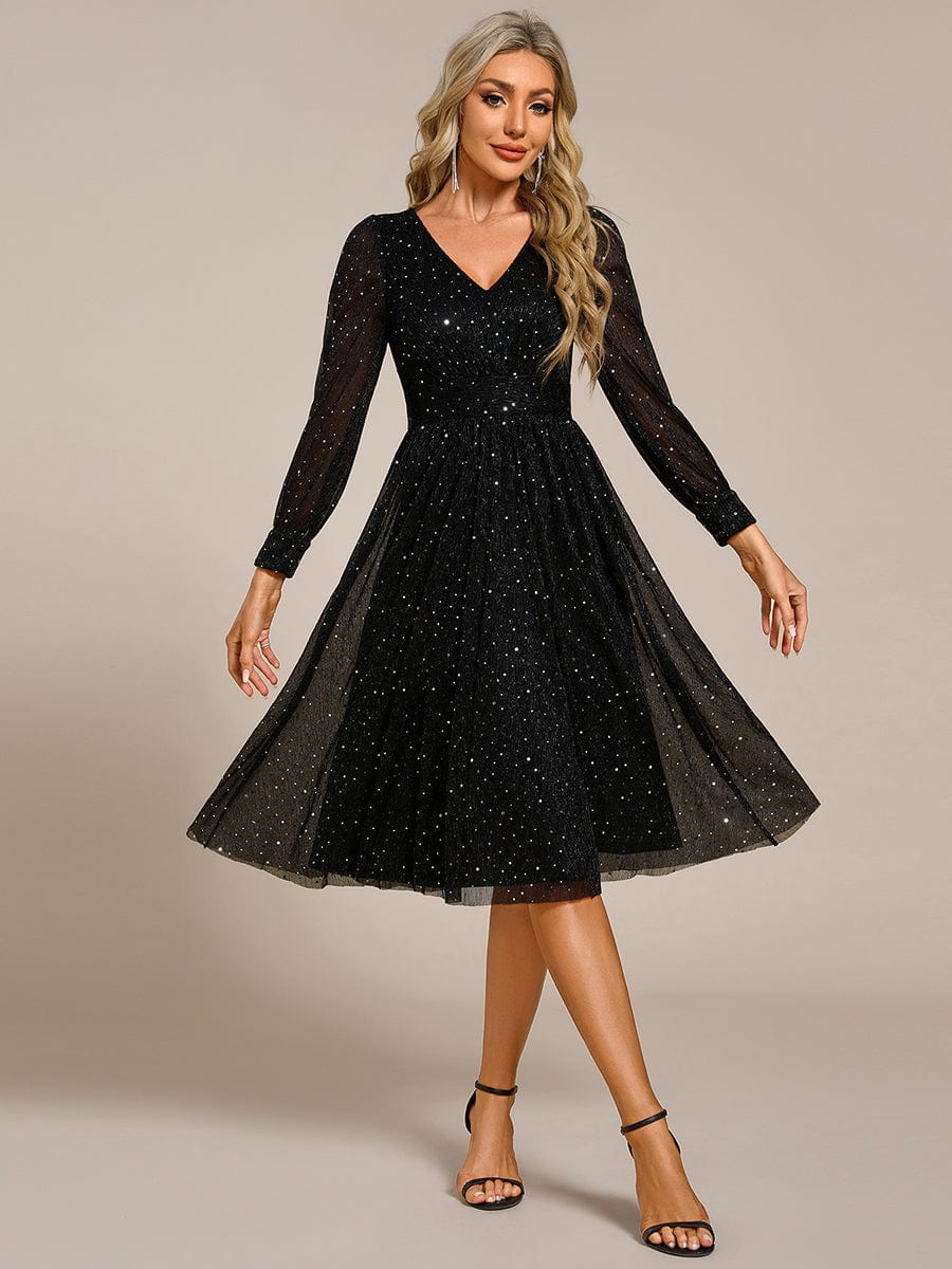 Glitter Midi Wedding Guest Dress with Long Sleeves #color_Black