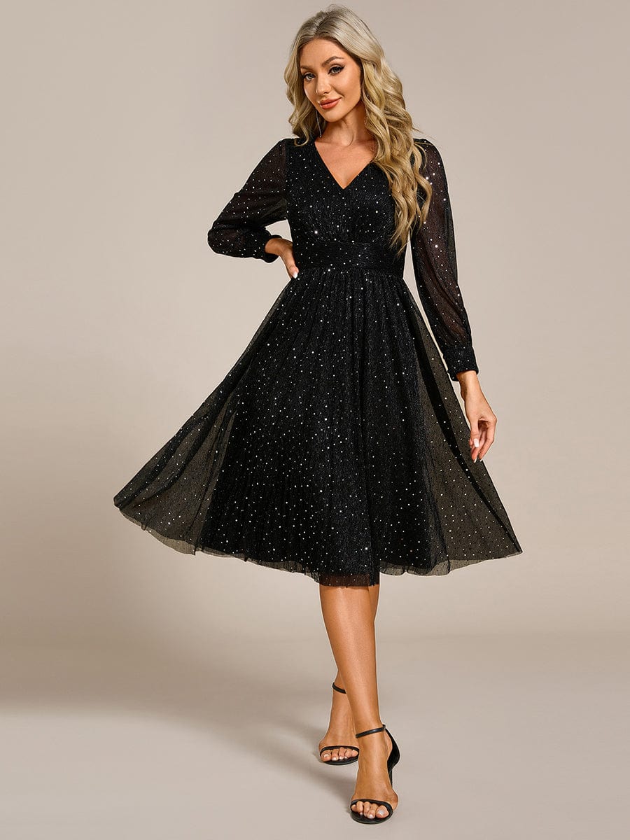 Glitter Midi Wedding Guest Dress with Long Sleeves #color_Black