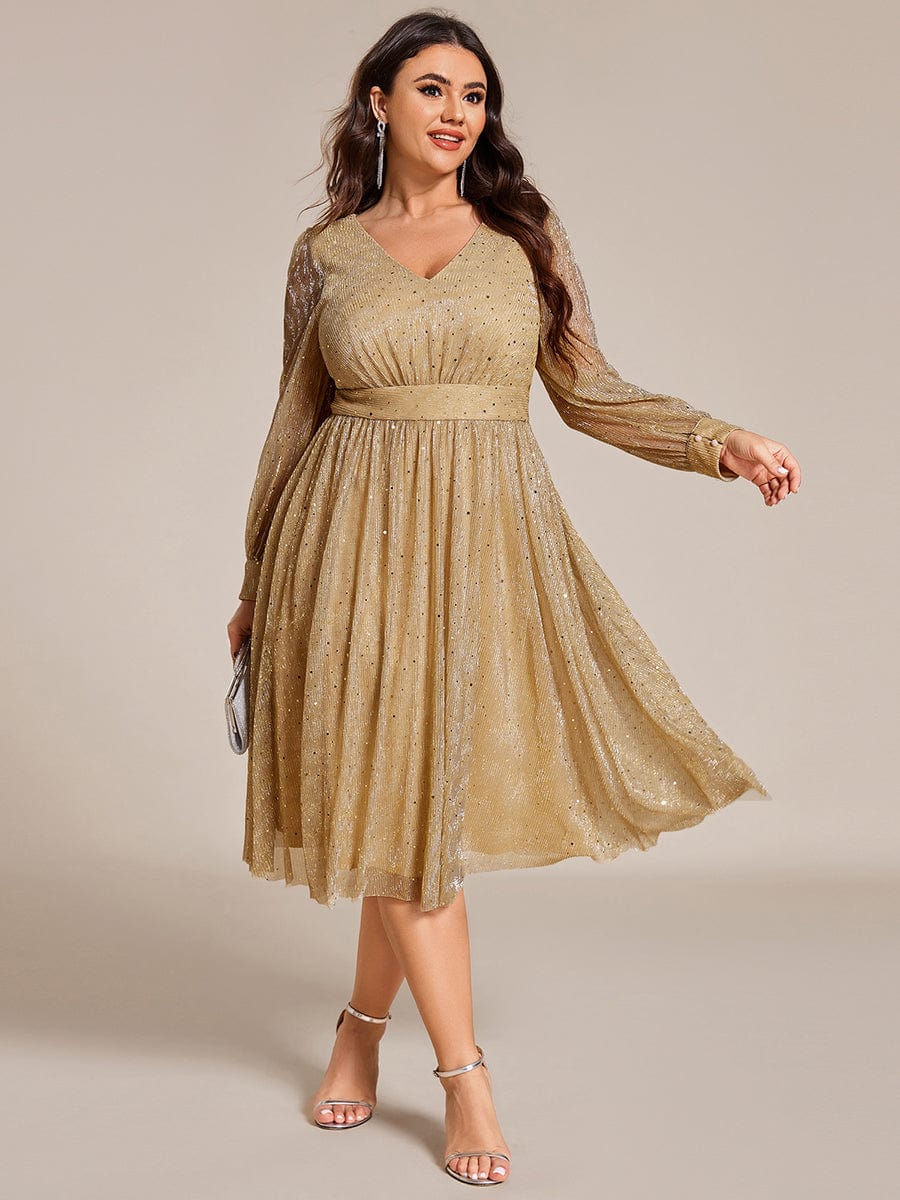 Plus Size Glitter Midi Wedding Guest Dress with Long Sleeves #color_Gold