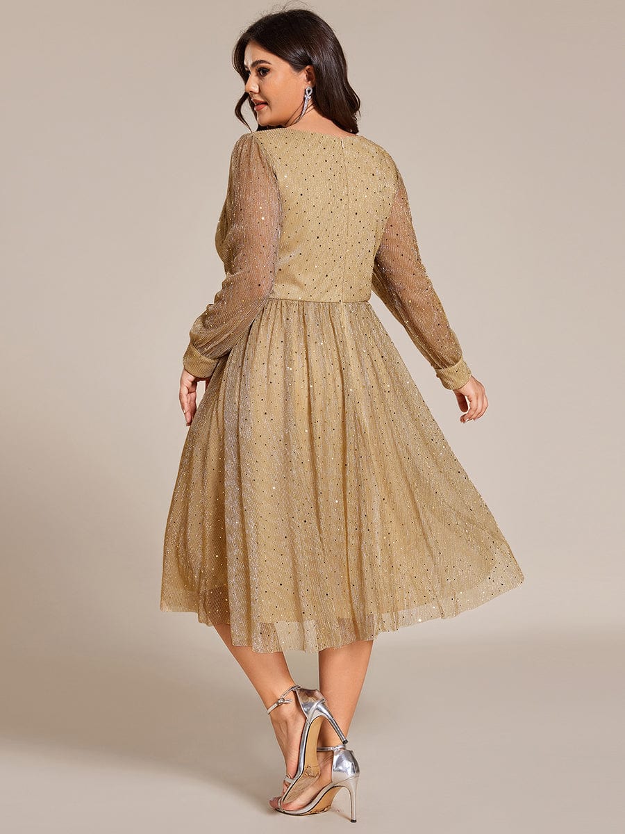 Plus Size Glitter Midi Wedding Guest Dress with Long Sleeves #color_Gold