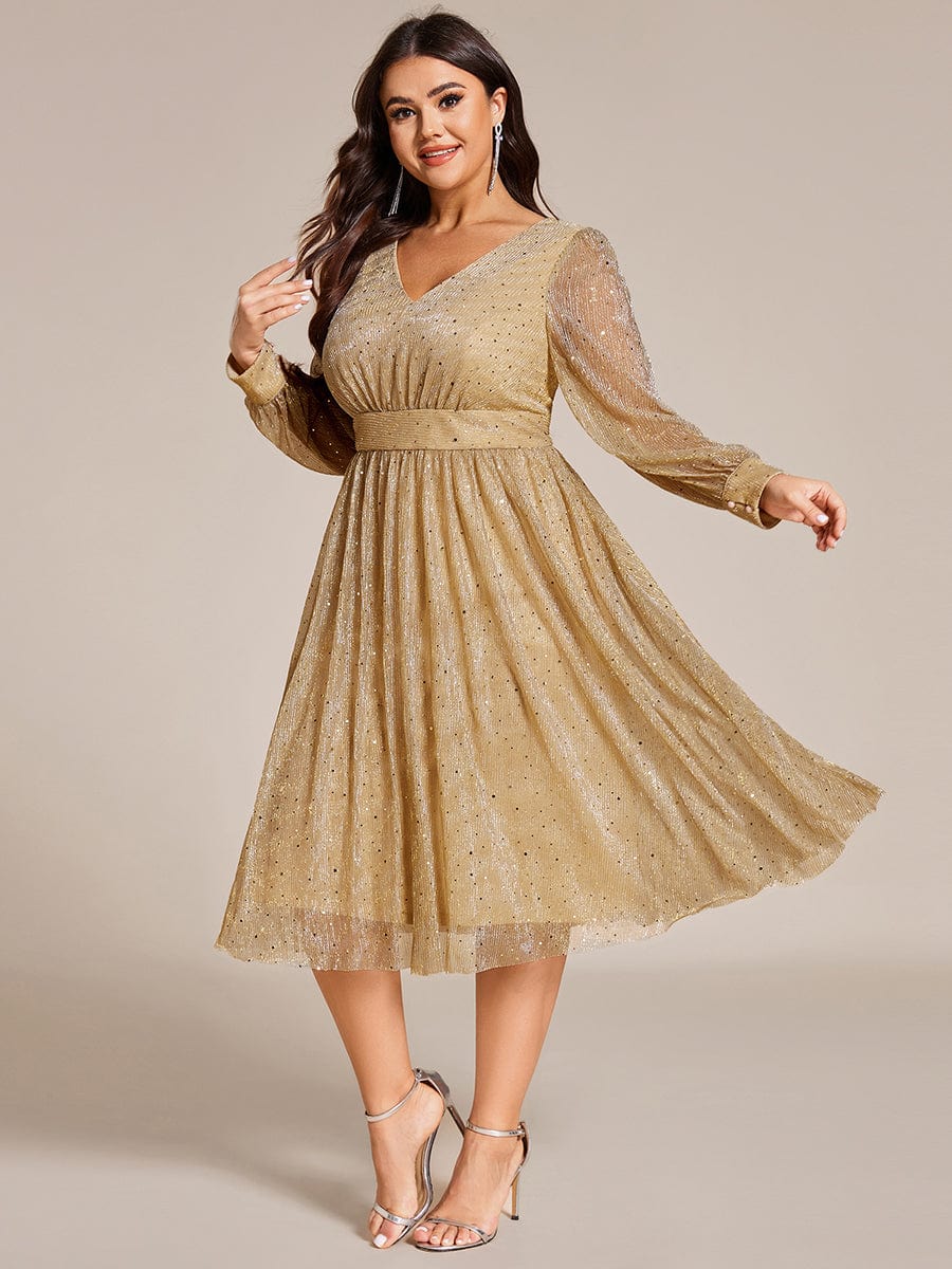 Plus Size Glitter Midi Wedding Guest Dress with Long Sleeves #color_Gold