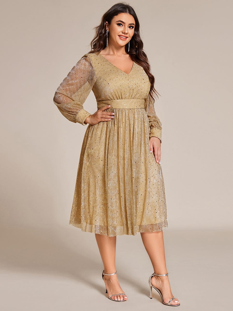 Plus Size Glitter Midi Wedding Guest Dress with Long Sleeves #color_Gold