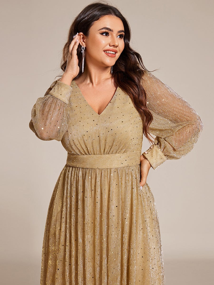 Plus Size Glitter Midi Wedding Guest Dress with Long Sleeves #color_Gold