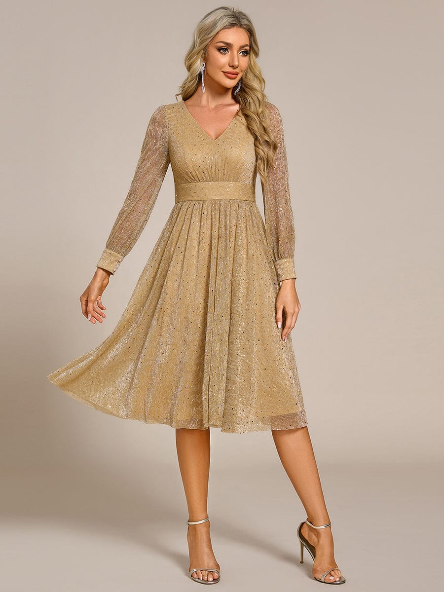 Glitter Midi Wedding Guest Dress with Long Sleeves #color_Gold