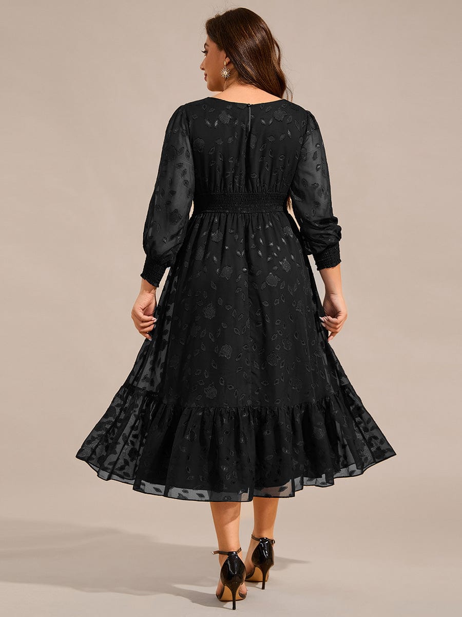 Plus Size Long Sleeve Round Neckline Midi Chiffon Wedding Guest Dress  #color_Black