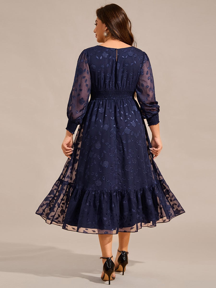 Plus Size Long Sleeve Round Neckline Midi Chiffon Wedding Guest Dress  #color_Navy Blue