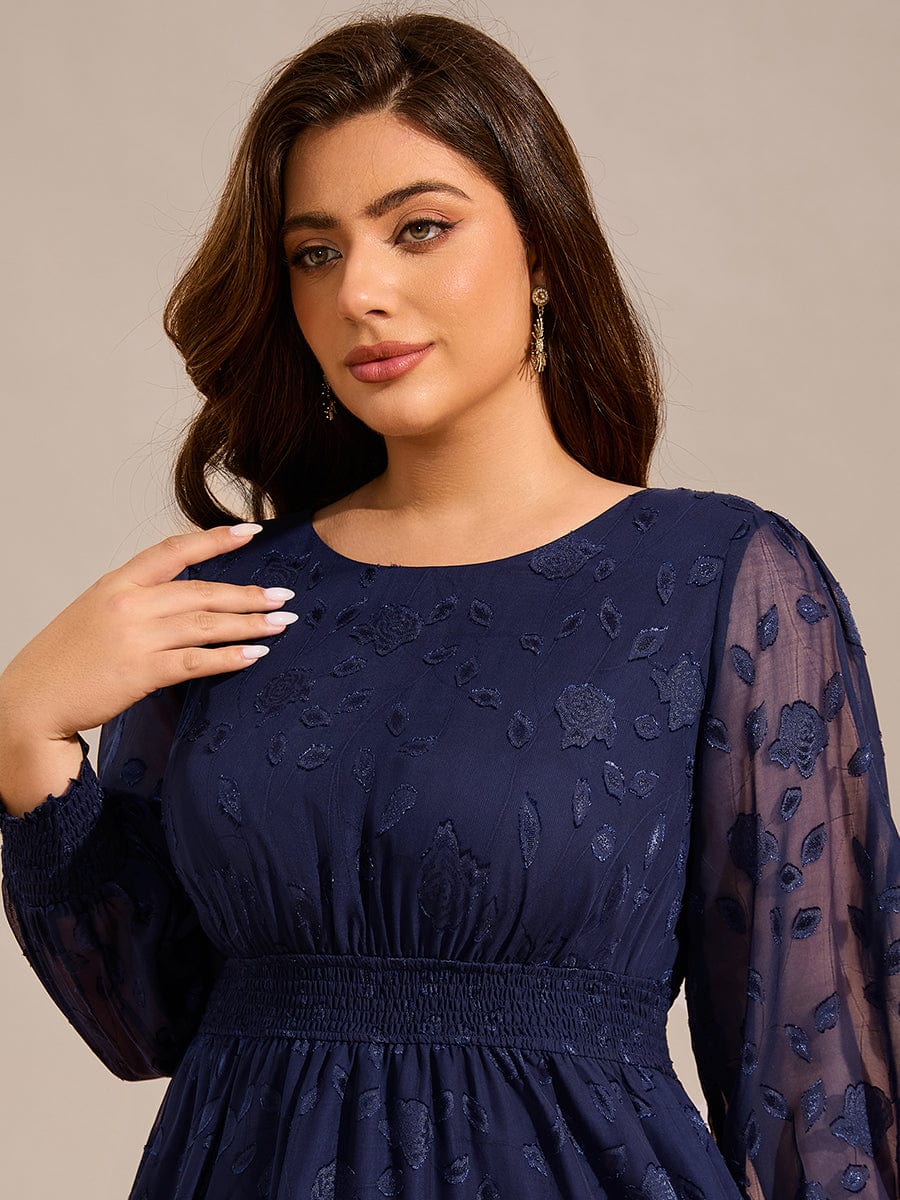 Plus Size Long Sleeve Round Neckline Midi Chiffon Wedding Guest Dress  #color_Navy Blue