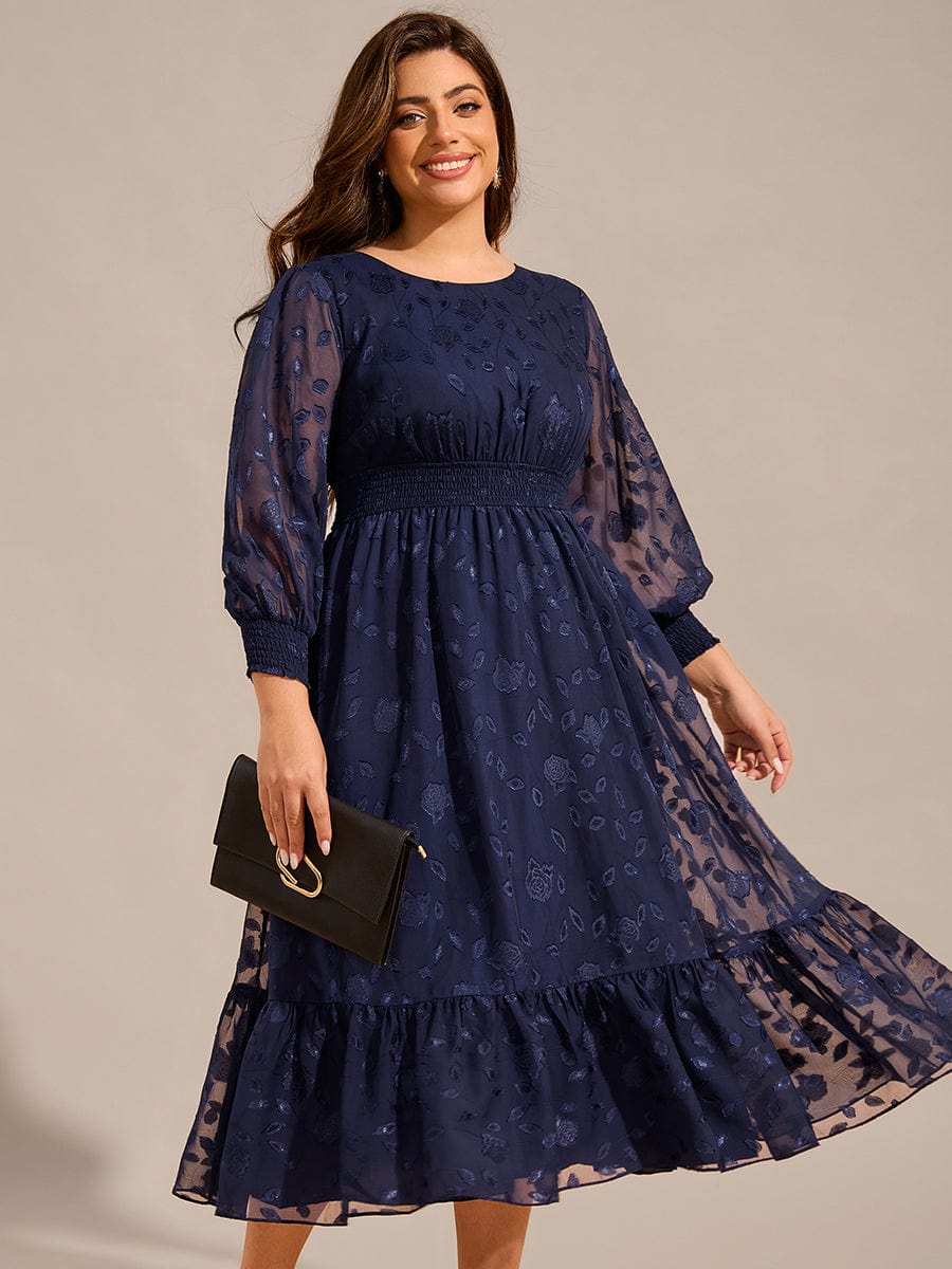 Plus Size Long Sleeve Round Neckline Midi Chiffon Wedding Guest Dress  #color_Navy Blue