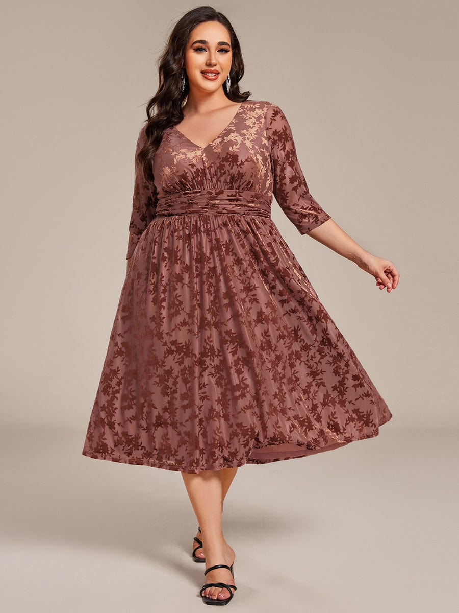 Floral Velvet 3/4 Sleeve V-Neck Pleated Wedding Guest Dress #color_Brown