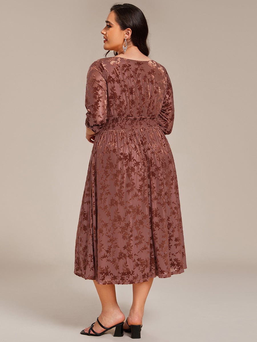 Floral Velvet 3/4 Sleeve V-Neck Pleated Wedding Guest Dress #color_Brown