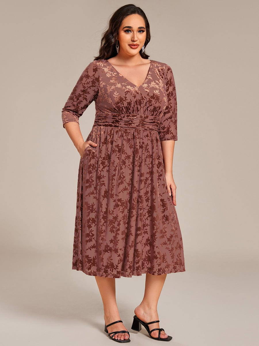 Plus Size 3/4 Sleeve Floral Velvet Wedding Guest Dress with Pockets #color_Brown